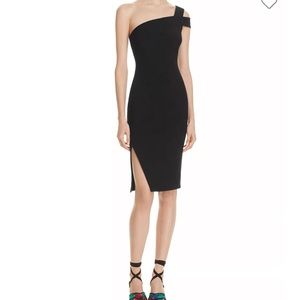 Likely one shoulder, split leg body con dress